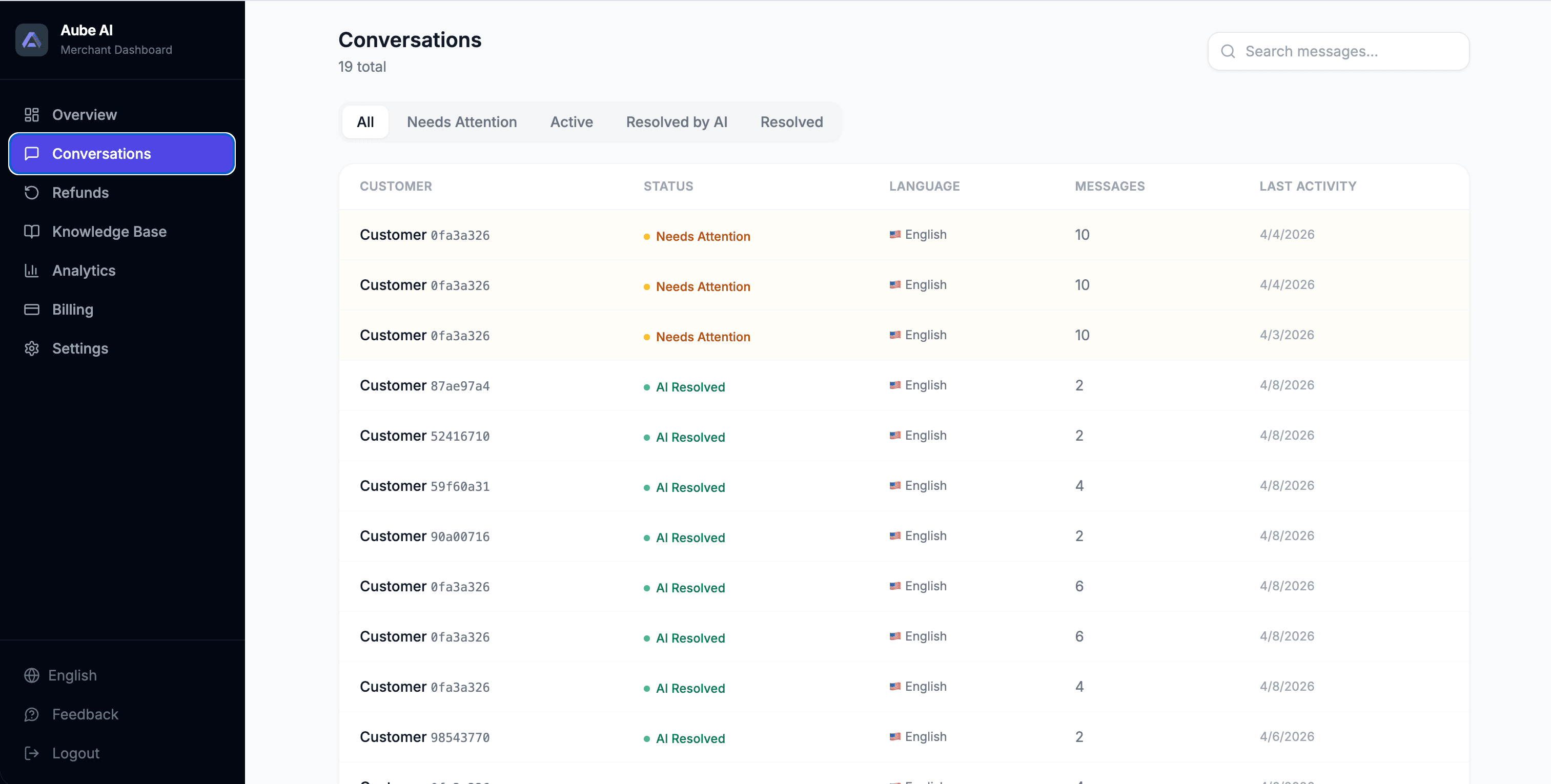 Aube AI merchant dashboard showing conversation statuses