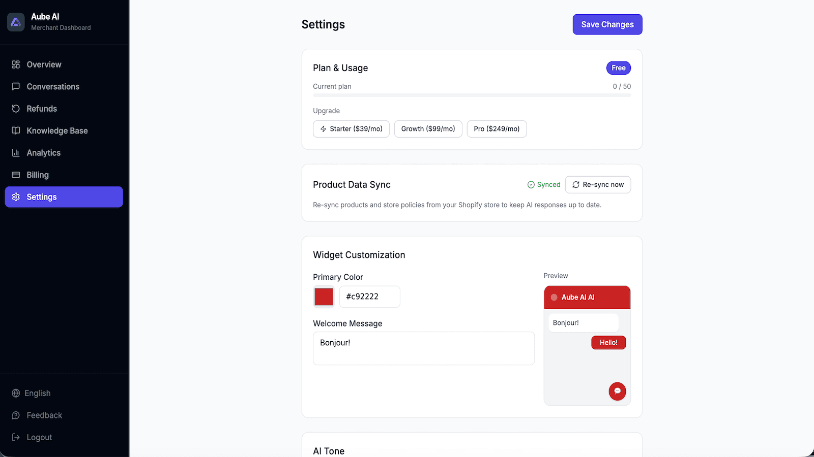Aube AI Shopify settings page with widget customization controls
