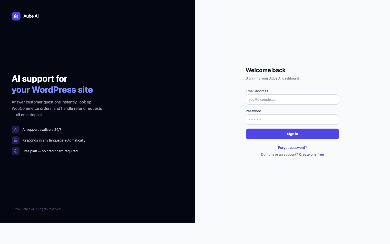 Aube AI WordPress dashboard login page for setting up the chatbot