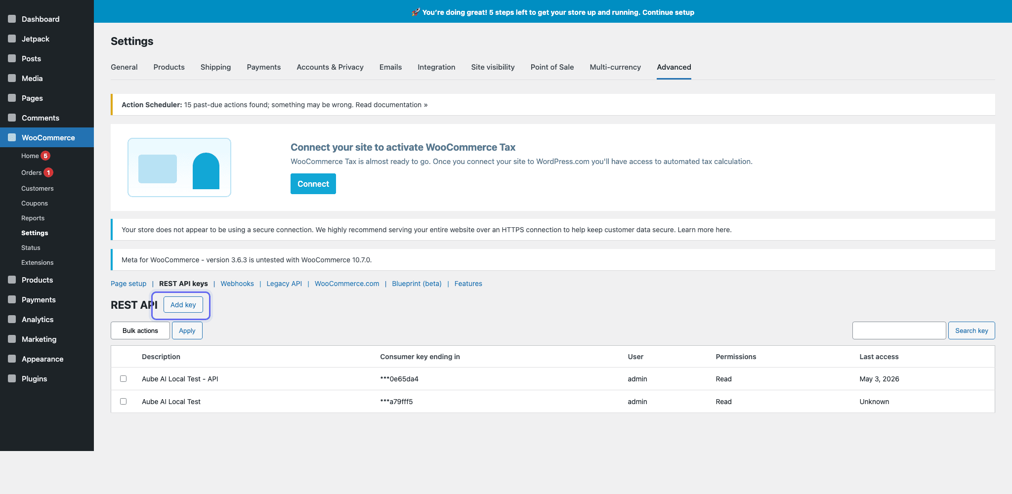 WooCommerce Advanced settings screen with the REST API Add key button highlighted