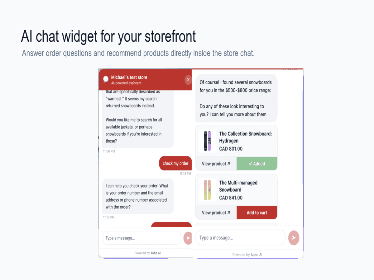 Published Aube AI chat widget answering customer questions on a storefront