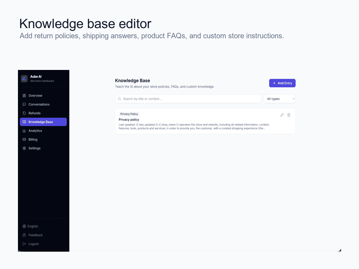 Aube AI knowledge base editor for adding policies, FAQs, and store instructions