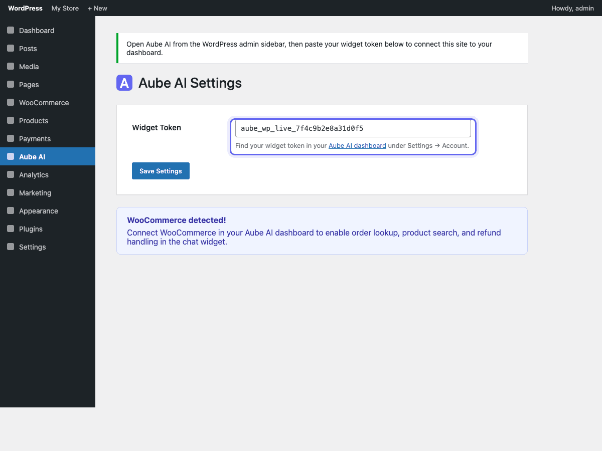 WordPress admin sidebar with the Aube AI menu selected and the widget token field highlighted
