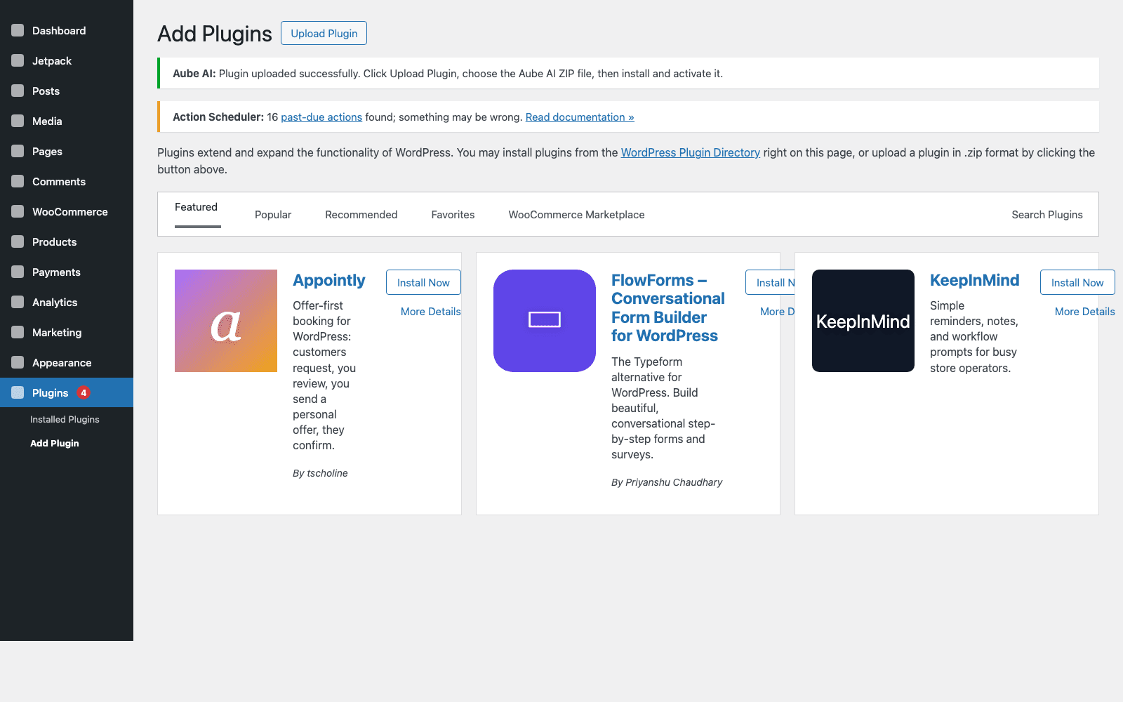 WordPress Add Plugins screen showing the Upload Plugin form for the Aube AI ZIP file